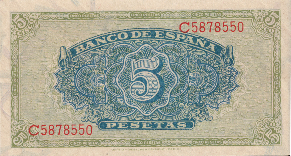 1940 5 PESTAS BANKNOTE SPAIN REF-1645