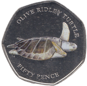 2019 50P COLOURED OLIVE RIDLEY TURTLE