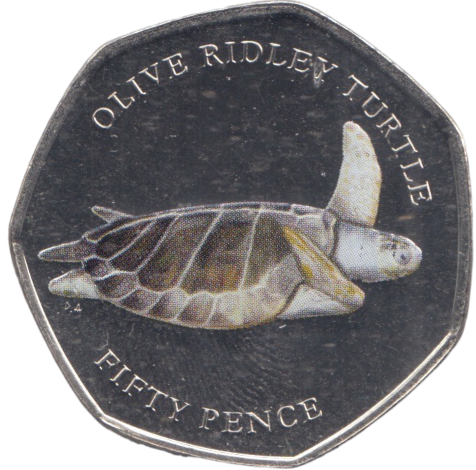 2019 50P COLOURED OLIVE RIDLEY TURTLE