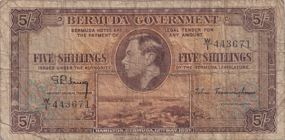 1937 FIVE SHILLINGS BERMUDA BANKNOTE REF-1763