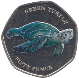 2019 50P COLOURED GREEN TURTLE