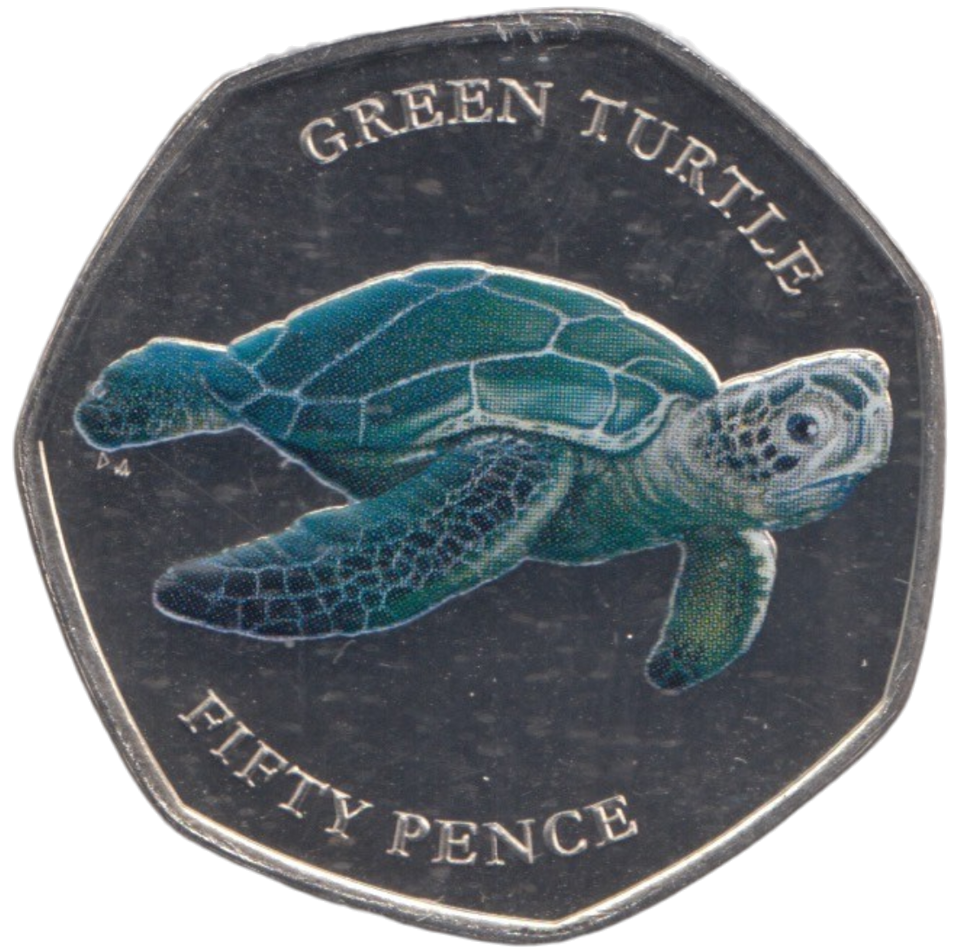 2019 50P COLOURED GREEN TURTLE