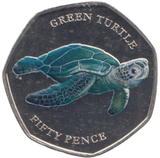 2019 50P COLOURED GREEN TURTLE