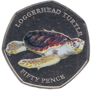 2019 50P COLOURED LOGGERHEAD TURTLE