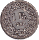 1940 SILVER ONE FRANC SWITZERLAND
