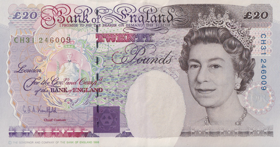 TWENTY POUNDS BANKNOTE KENTFIELD REF £20-18 ( AUNC )