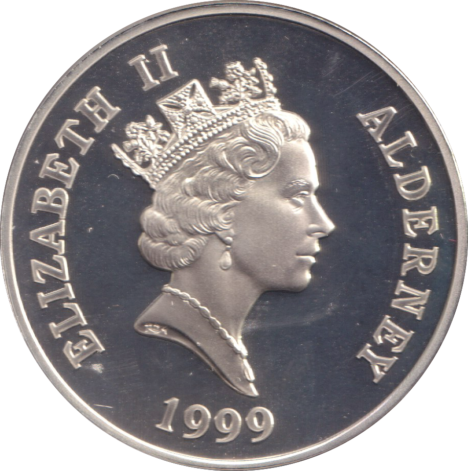1999 SILVER PROOF 5 POUND ALDERNEY