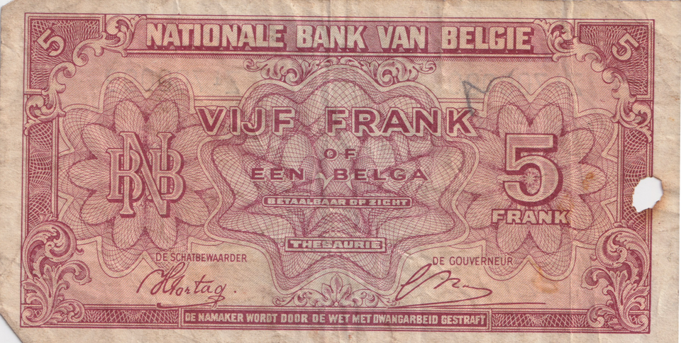 1943 BELGIUM 5 FRANCS BANKNOTE REF-1693