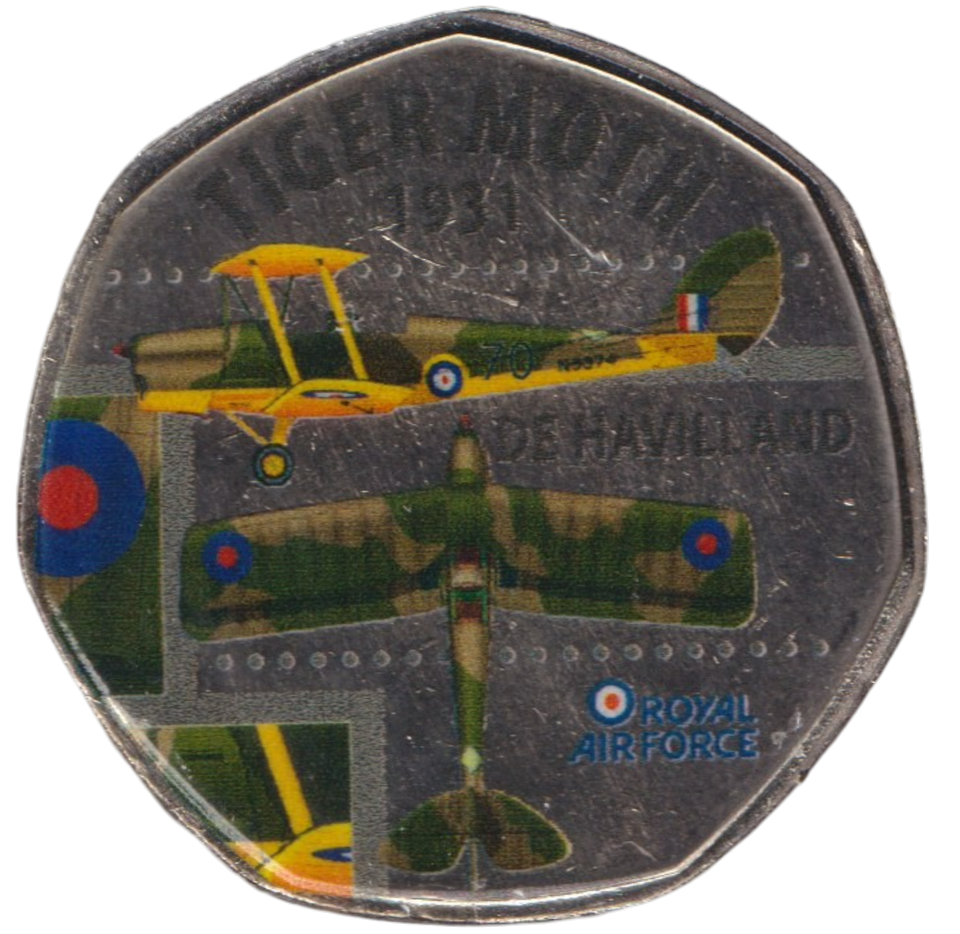 2016 50P SHAPED MEDALLION TIGER MOTH 1931