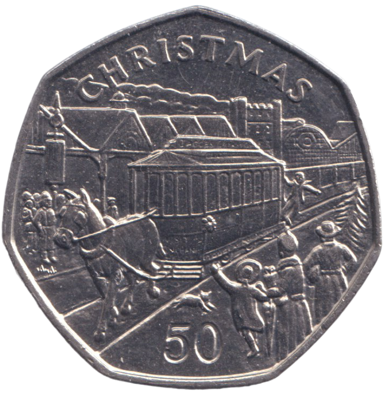 1986 CHRISTMAS LARGE 50P HORSE & TRAM ISLE OF MAN ( UNC ) AA