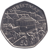 1986 CHRISTMAS LARGE 50P HORSE & TRAM ISLE OF MAN ( UNC ) AA