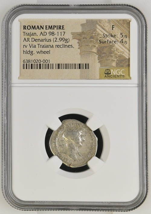 AD 98-117 ROMAN EMPIRE AR Denarius Trajan hldg. wheel rv Via Traiana reclines (NGC) F Strike: 5/5 Surface: 4/5 - NGC CERTIFIED COINS - Cambridgeshire Coins