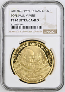 AH1389 - 1969 JORDAN POPE PAUL VI VISIT PF 70 ULTRA CAMEO ( TOP POP ) - NGC GOLD WORLD - Cambridgeshire Coins