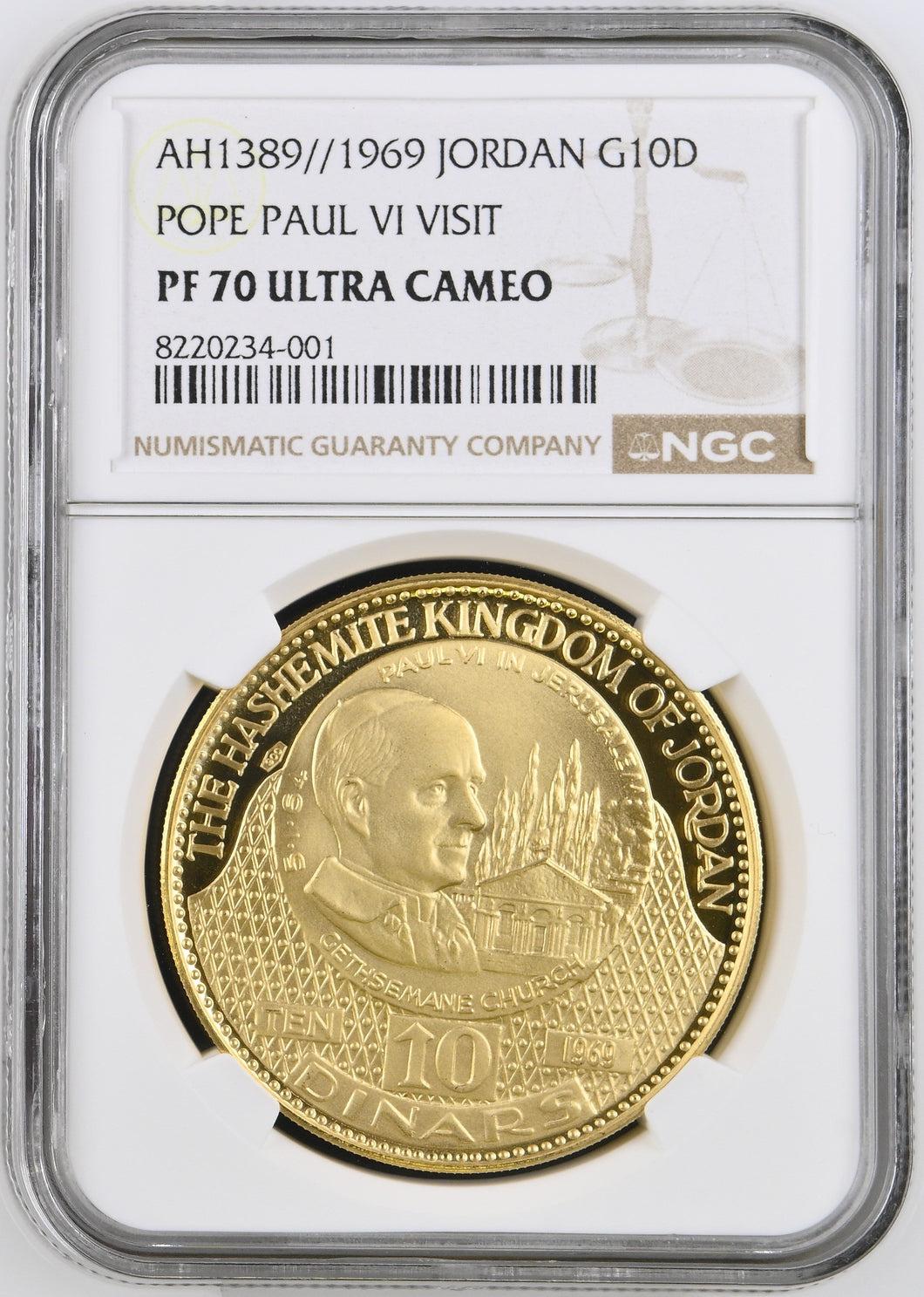 AH1389 - 1969 JORDAN POPE PAUL VI VISIT PF 70 ULTRA CAMEO ( TOP POP ) - NGC GOLD WORLD - Cambridgeshire Coins