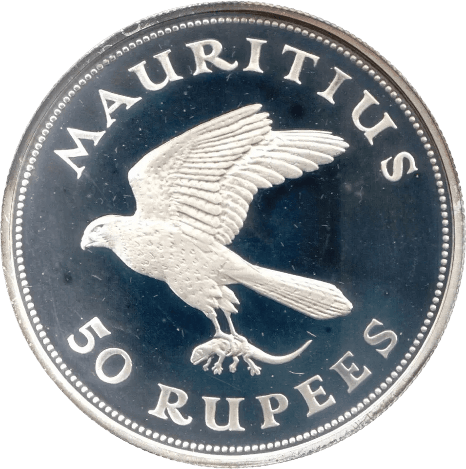 FINE SILVER PROOF COIN 1 OZ 38MM 1975 MAURITIUS 50 RUPEE KESTREL BIRD OF PREY - SILVER WORLD COINS - Cambridgeshire Coins