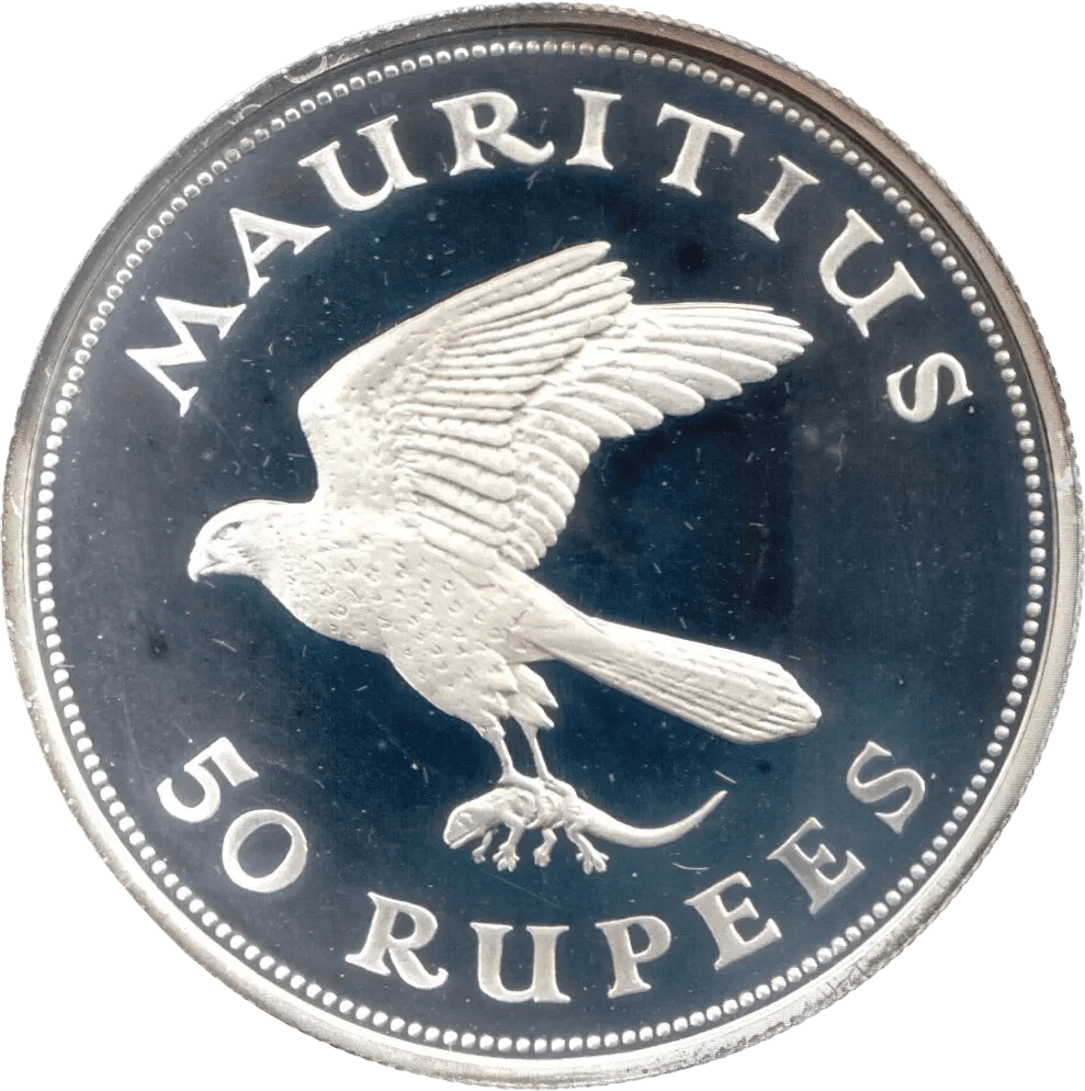 FINE SILVER PROOF COIN 1 OZ 38MM 1975 MAURITIUS 50 RUPEE KESTREL BIRD OF PREY - SILVER WORLD COINS - Cambridgeshire Coins