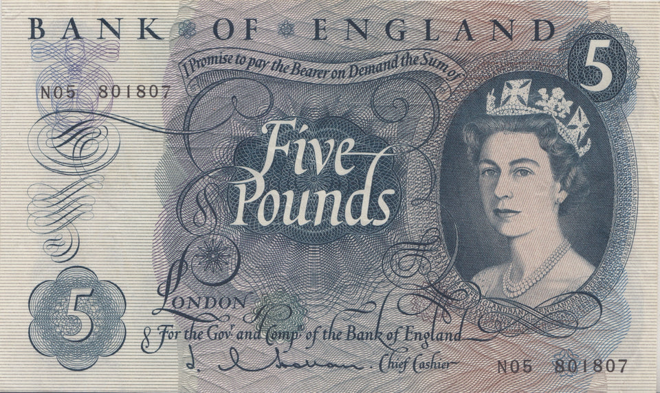FIVE POUNDS BANKNOTE HOLLOM REF £5 - 116 - £5 BANKNOTES - Cambridgeshire Coins