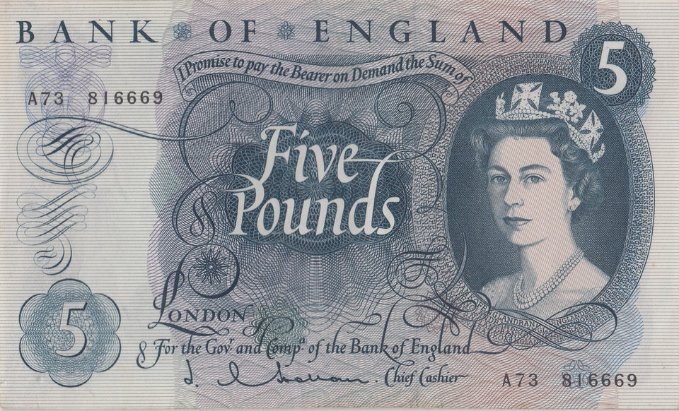 FIVE POUNDS BANKNOTE HOLLOM REF £5 - 132 - £5 BANKNOTES - Cambridgeshire Coins