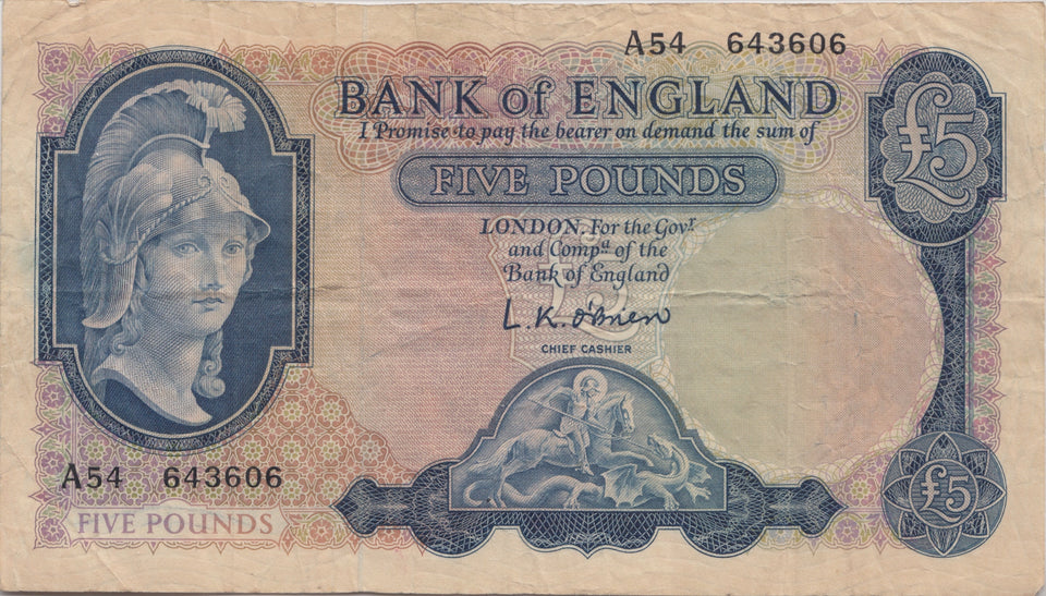 FIVE POUNDS BANKNOTE O'BRIEN REF £5 - 117 - £5 BANKNOTES - Cambridgeshire Coins