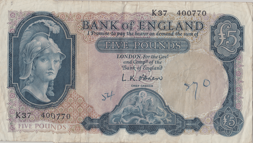 FIVE POUNDS BANKNOTE O'BRIEN REF £5 - 135 - £5 BANKNOTES - Cambridgeshire Coins