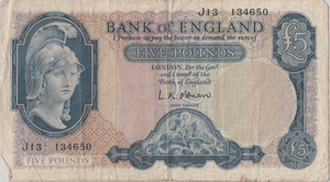 FIVE POUNDS BANKNOTE O'BRIEN REF £5 - 136 - £5 BANKNOTES - Cambridgeshire Coins