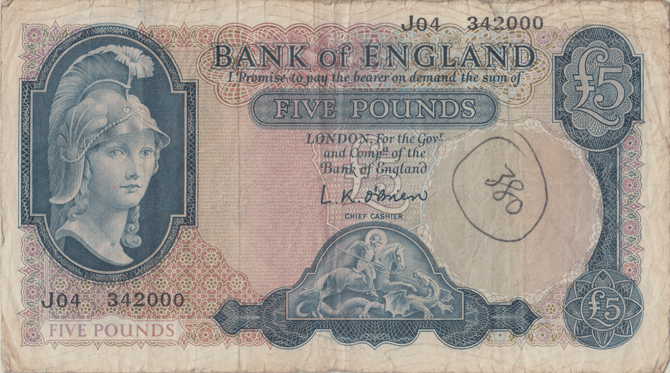 FIVE POUNDS BANKNOTE O'BRIEN REF £5 - 137 - £5 BANKNOTES - Cambridgeshire Coins