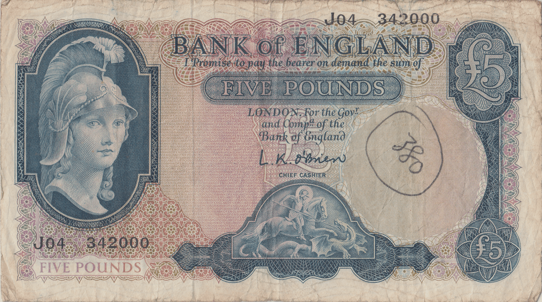 FIVE POUNDS BANKNOTE O'BRIEN REF £5 - 137 - £5 BANKNOTES - Cambridgeshire Coins