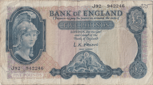 FIVE POUNDS BANKNOTE O'BRIEN REF £5 - 138 - £5 BANKNOTES - Cambridgeshire Coins