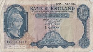 FIVE POUNDS BANKNOTE O'BRIEN REF £5 - 139 - £5 BANKNOTES - Cambridgeshire Coins