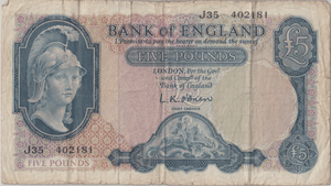 FIVE POUNDS BANKNOTE O'BRIEN REF £5 - 140 - £5 BANKNOTES - Cambridgeshire Coins