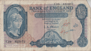 FIVE POUNDS BANKNOTE O'BRIEN REF £5 - 141 - £5 BANKNOTES - Cambridgeshire Coins