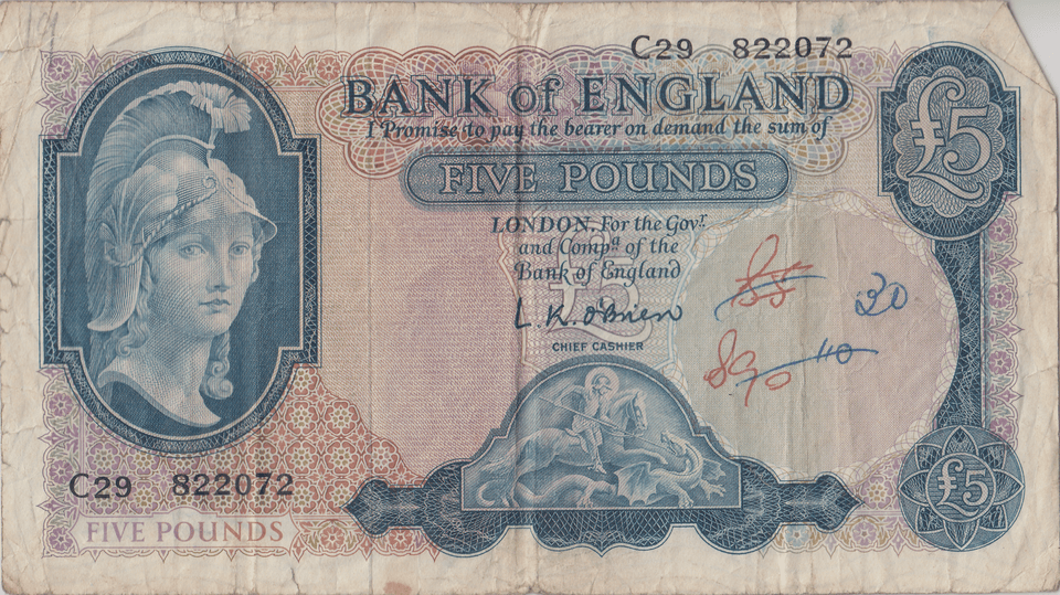FIVE POUNDS BANKNOTE O'BRIEN REF £5 - 141 - £5 BANKNOTES - Cambridgeshire Coins