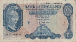 FIVE POUNDS BANKNOTE O'BRIEN REF £5 - 142 - £5 BANKNOTES - Cambridgeshire Coins