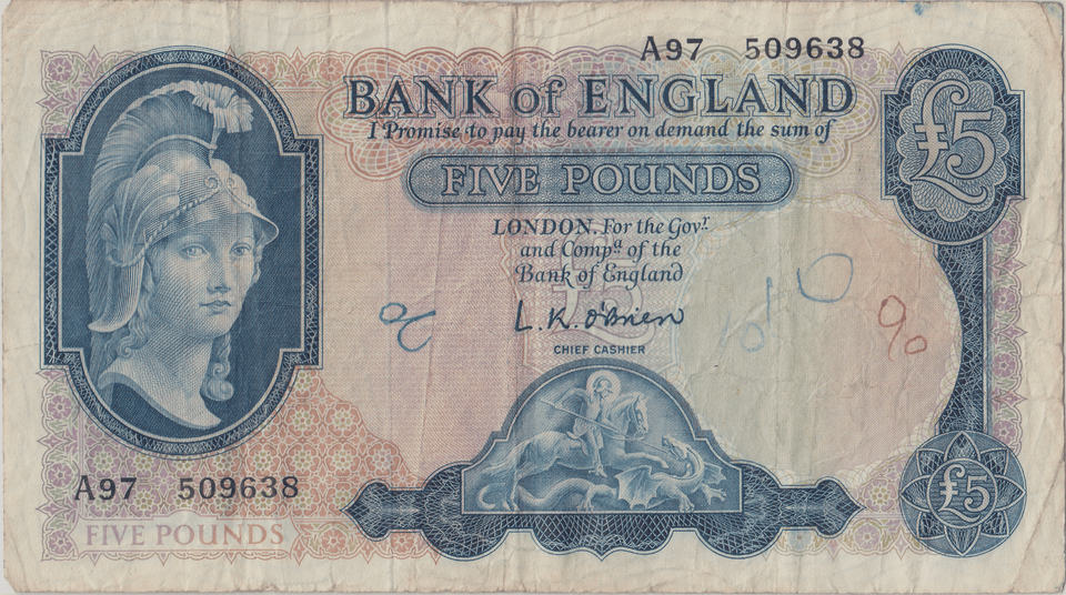 FIVE POUNDS BANKNOTE O'BRIEN REF £5 - 142 - £5 BANKNOTES - Cambridgeshire Coins