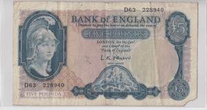 FIVE POUNDS BANKNOTE O'BRIEN REF £5 - 143 - £5 BANKNOTES - Cambridgeshire Coins