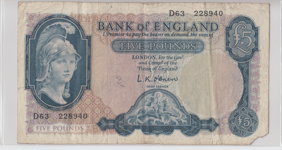 FIVE POUNDS BANKNOTE O'BRIEN REF £5 - 143 - £5 BANKNOTES - Cambridgeshire Coins