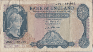FIVE POUNDS BANKNOTE O'BRIEN REF £5 - 144 - £5 BANKNOTES - Cambridgeshire Coins
