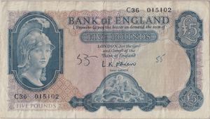 FIVE POUNDS BANKNOTE O'BRIEN REF £5 - 145 - £5 BANKNOTES - Cambridgeshire Coins