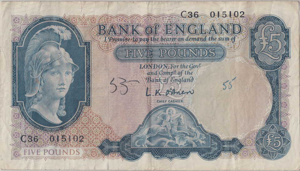 FIVE POUNDS BANKNOTE O'BRIEN REF £5 - 145 - £5 BANKNOTES - Cambridgeshire Coins