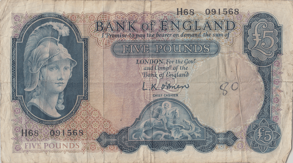 FIVE POUNDS BANKNOTE O'BRIEN REF £5 - 146 - £5 BANKNOTES - Cambridgeshire Coins