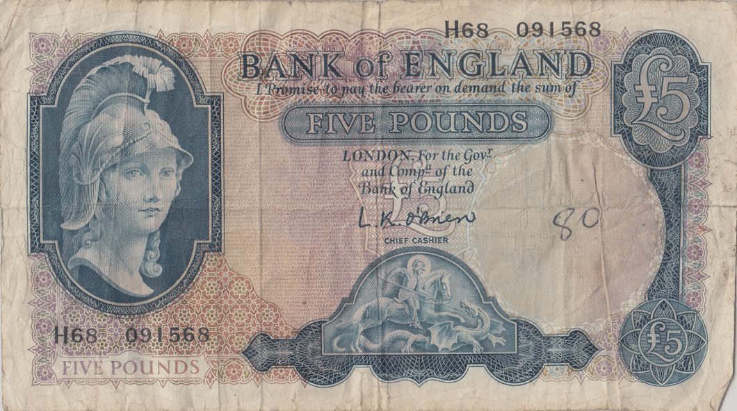 FIVE POUNDS BANKNOTE O'BRIEN REF £5 - 146 - £5 BANKNOTES - Cambridgeshire Coins