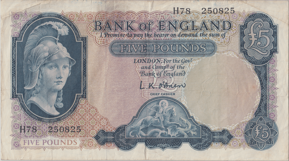 FIVE POUNDS BANKNOTE O'BRIEN REF £5 - 147 - £5 BANKNOTES - Cambridgeshire Coins