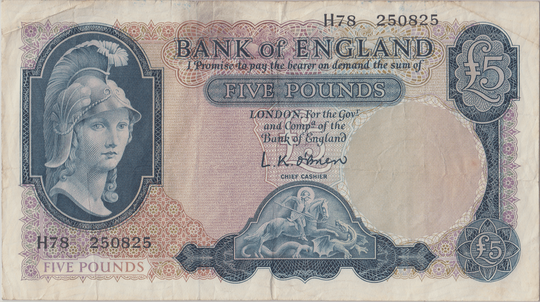 FIVE POUNDS BANKNOTE O'BRIEN REF £5 - 147 - £5 BANKNOTES - Cambridgeshire Coins