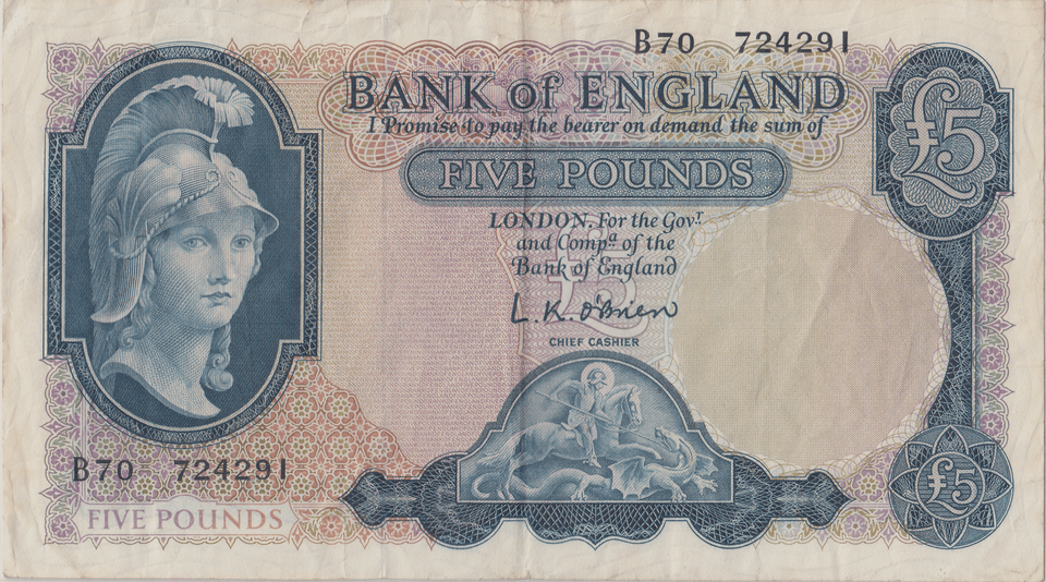 FIVE POUNDS BANKNOTE O'BRIEN REF £5 - 148 - £5 BANKNOTES - Cambridgeshire Coins