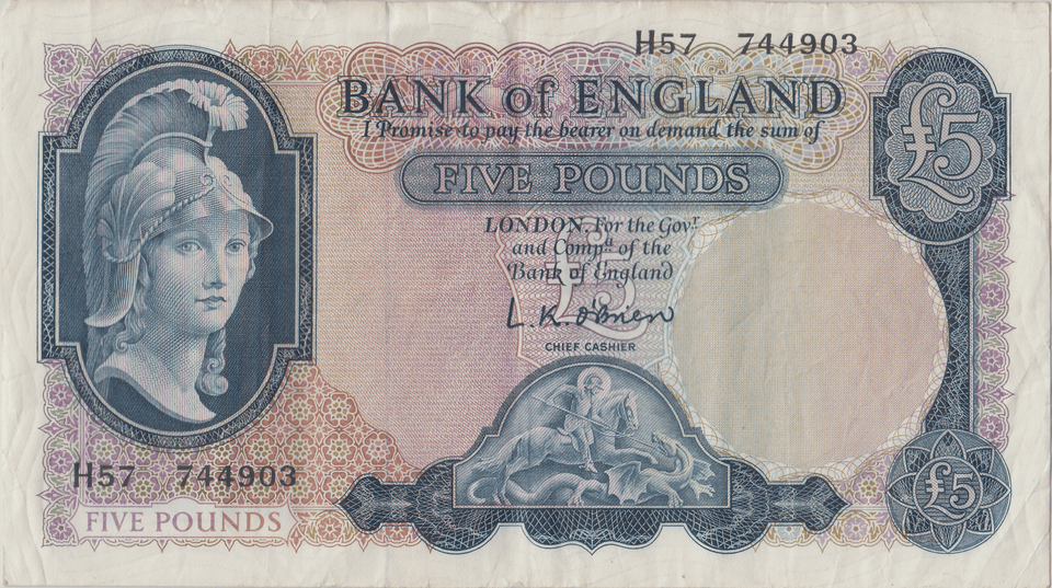 FIVE POUNDS BANKNOTE O'BRIEN REF £5 - 149 - £5 BANKNOTES - Cambridgeshire Coins