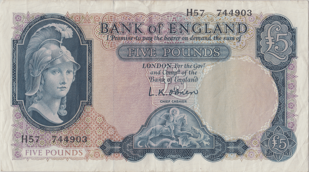 FIVE POUNDS BANKNOTE O'BRIEN REF £5 - 149 - £5 BANKNOTES - Cambridgeshire Coins