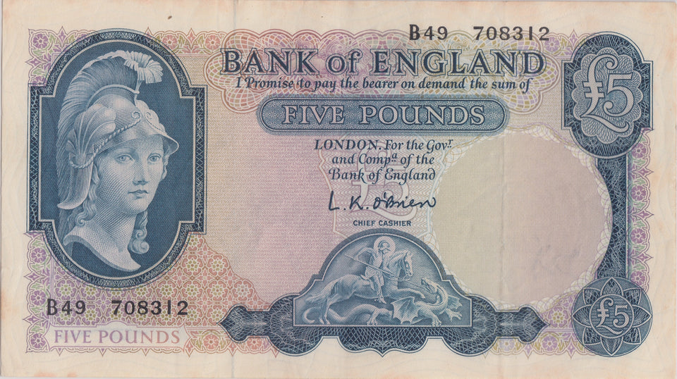 FIVE POUNDS BANKNOTE O'BRIEN REF £5 - 20 - £5 BANKNOTES - Cambridgeshire Coins