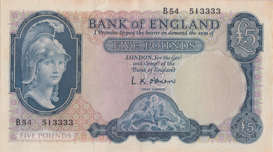 FIVE POUNDS BANKNOTE O'BRIEN REF £5 - 21 - £5 BANKNOTES - Cambridgeshire Coins