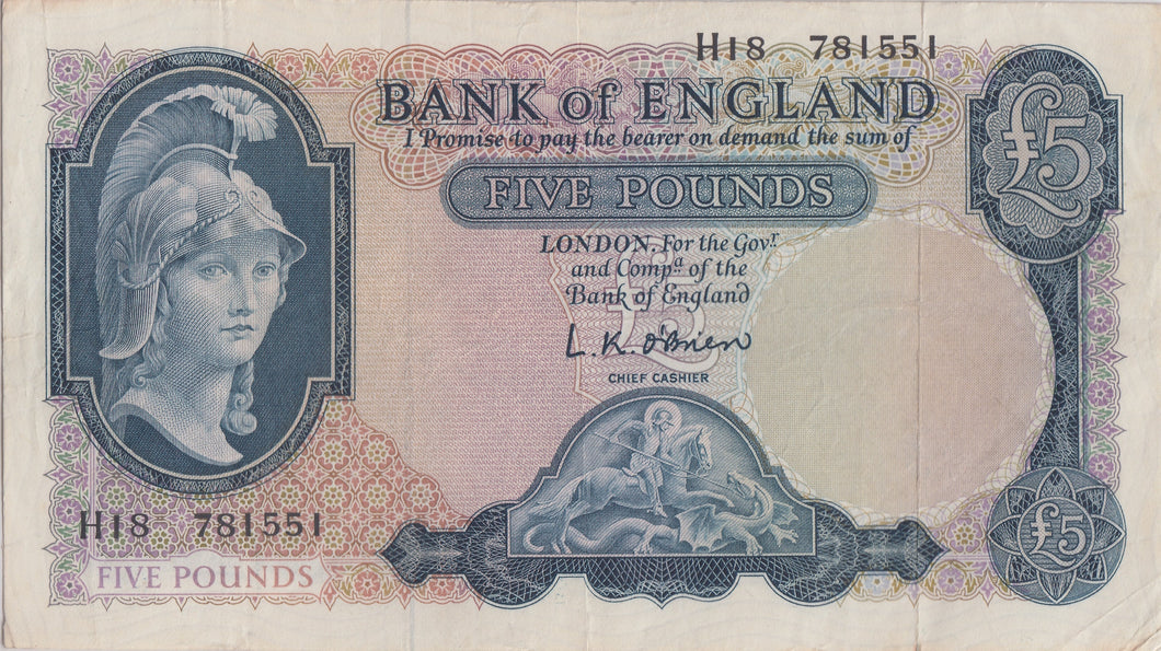 FIVE POUNDS BANKNOTE O'BRIEN REF £5 - 2 - £5 BANKNOTES - Cambridgeshire Coins