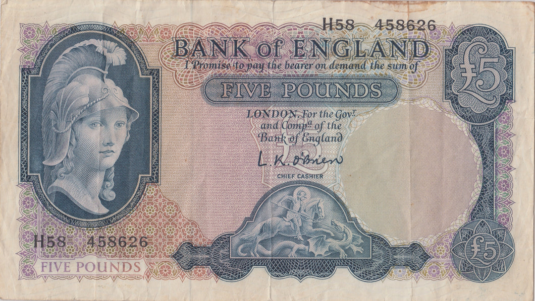 FIVE POUNDS BANKNOTE O'BRIEN REF £5 - 36 - £5 BANKNOTES - Cambridgeshire Coins